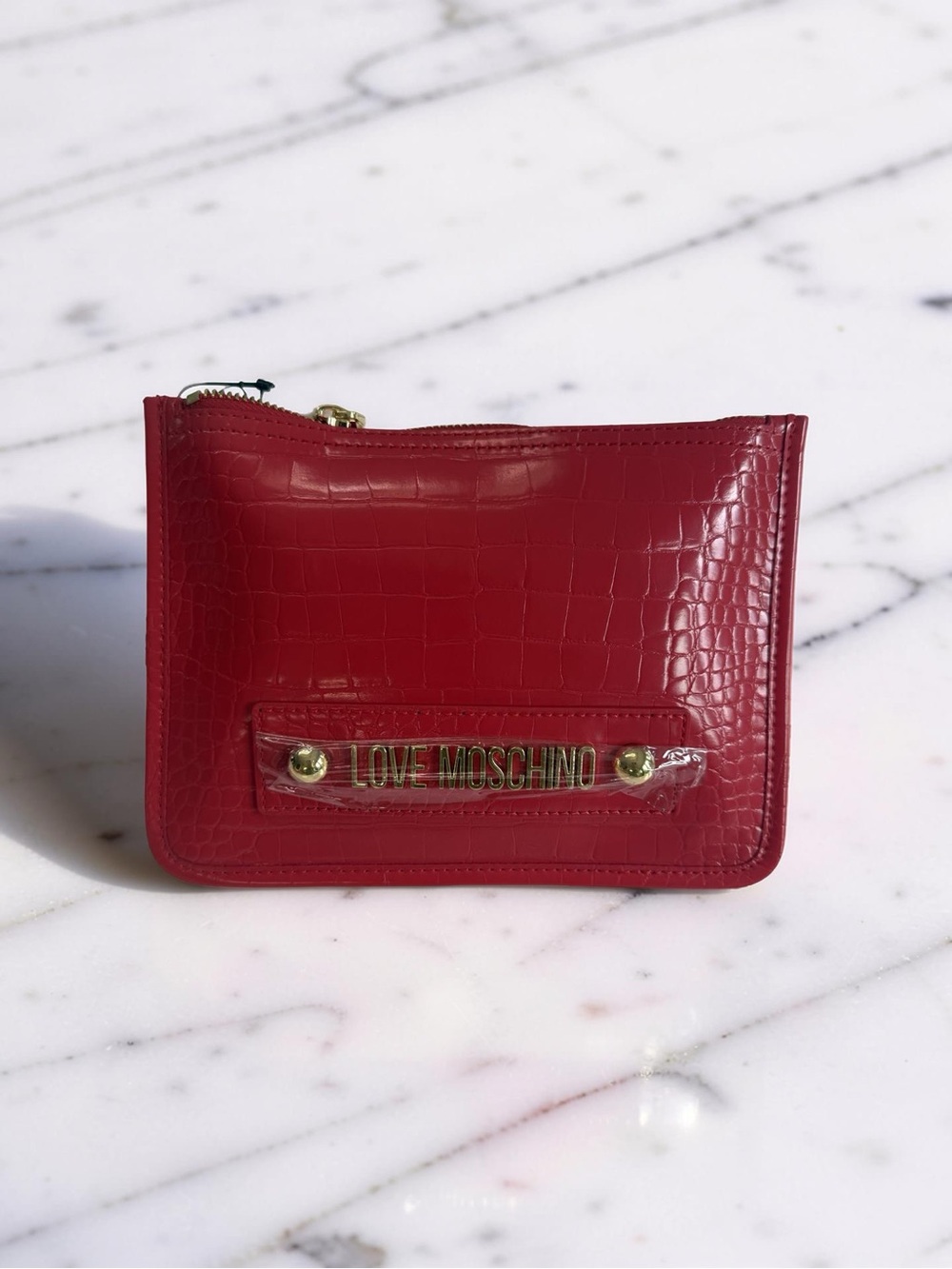Love Moschino Red Croc-Embossed Zip Pouch with Gold Logo. NWT